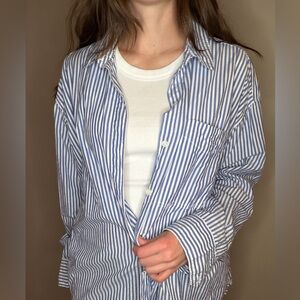 American Eagle Oversized Blue and White Striped Button-Up Shirt